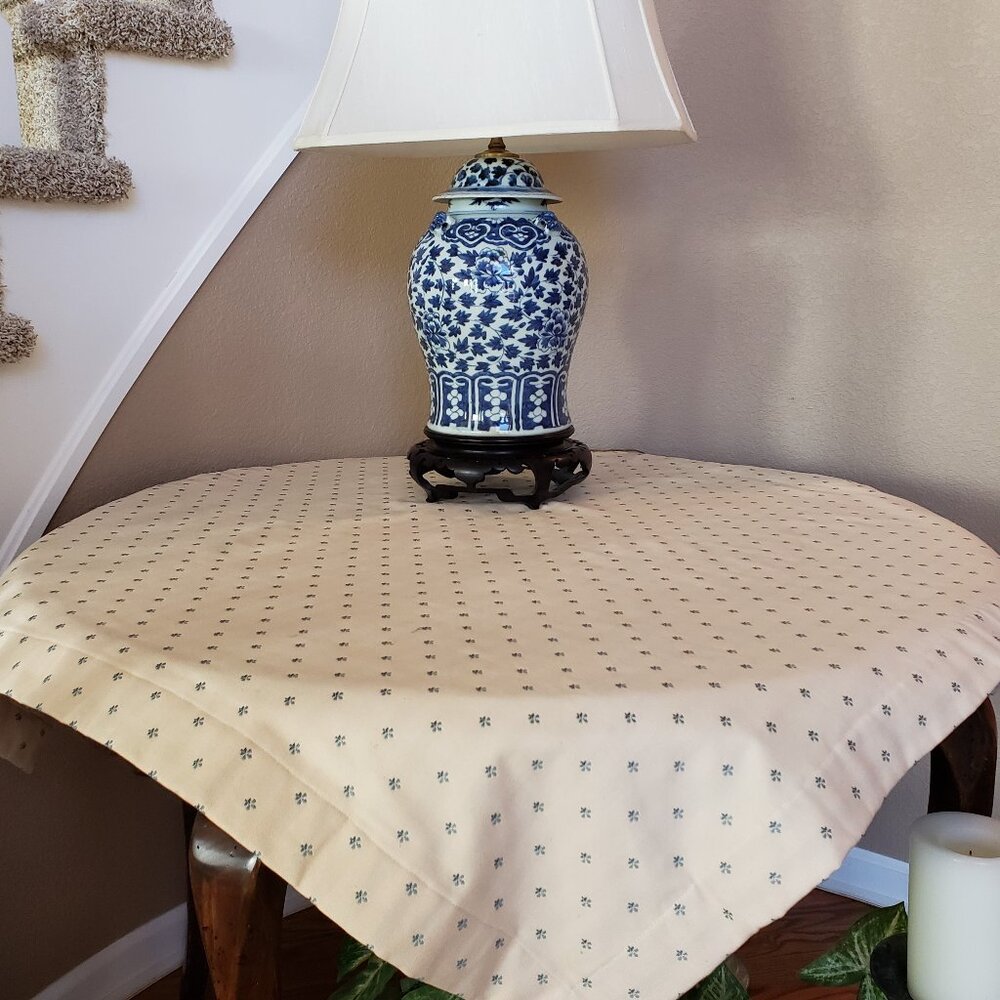 Tablecloth Custom 42” Square Heavy, Cream and Blue Lined, plus extra Fabric